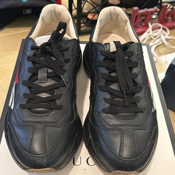 GUCCI SNEAKERS MENS BLACK LEATHER RHYTON WEB (Chas) - Picture 2 of 6